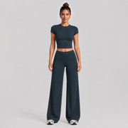 Short-sleeved Shirt + Straight-leg Pants, Blueberry Color