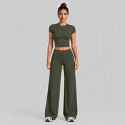 Short-sleeved Shirt + Straight-leg Pants Olive Green