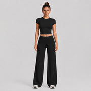 Short-sleeved Shirt + Straight-leg Pants, Black