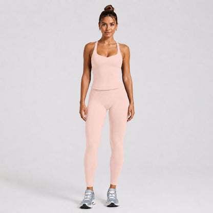 Solid Color Full Length Sport Running Jumpsuit For Women In Nylon Fabric, Sleeveless Design For Summer