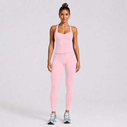 Solid Color Full Length Sport Running Jumpsuit For Women In Nylon Fabric, Sleeveless Design For Summer