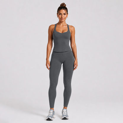 Solid Color Full Length Sport Running Jumpsuit For Women In Nylon Fabric, Sleeveless Design For Summer