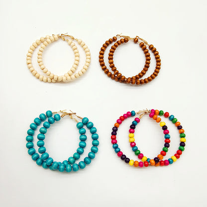 Ethnic Bohemian Hoop Earrings With Wooden Beads Featuring Beading Craft In Colour, Unisex Design
