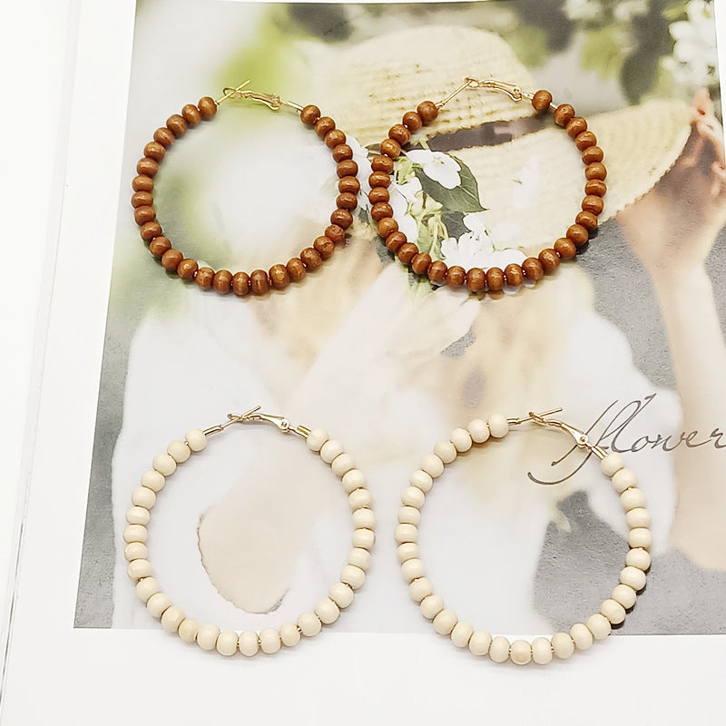 Ethnic Bohemian Hoop Earrings With Wooden Beads Featuring Beading Craft In Colour, Unisex Design