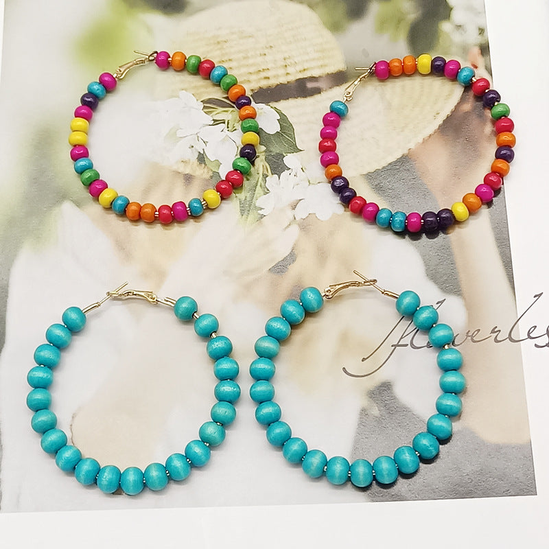 Ethnic Bohemian Hoop Earrings With Wooden Beads Featuring Beading Craft In Colour, Unisex Design