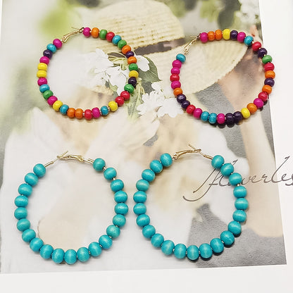 Ethnic Bohemian Hoop Earrings With Wooden Beads Featuring Beading Craft In Colour, Unisex Design