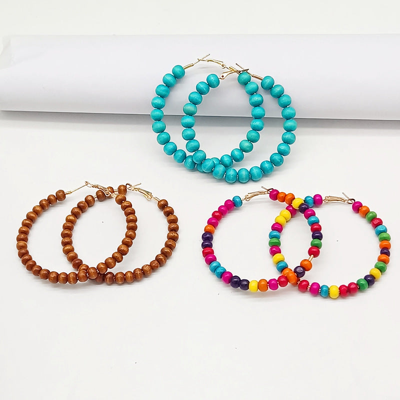Ethnic Bohemian Hoop Earrings With Wooden Beads Featuring Beading Craft In Colour, Unisex Design