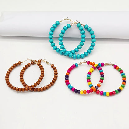 Ethnic Bohemian Hoop Earrings With Wooden Beads Featuring Beading Craft In Colour, Unisex Design