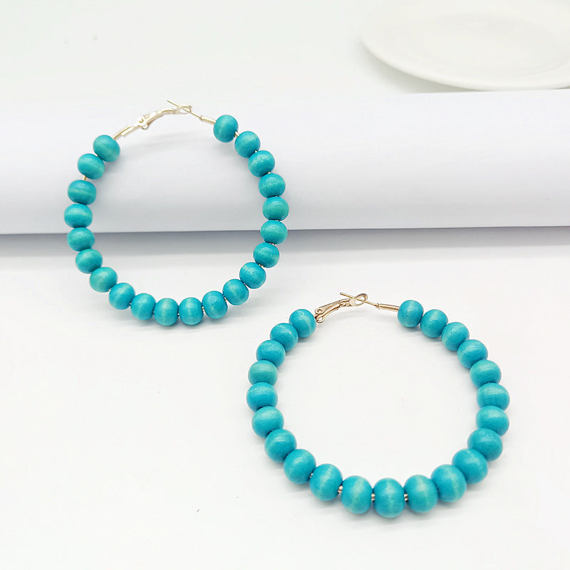 Ethnic Bohemian Hoop Earrings With Wooden Beads Featuring Beading Craft In Colour, Unisex Design