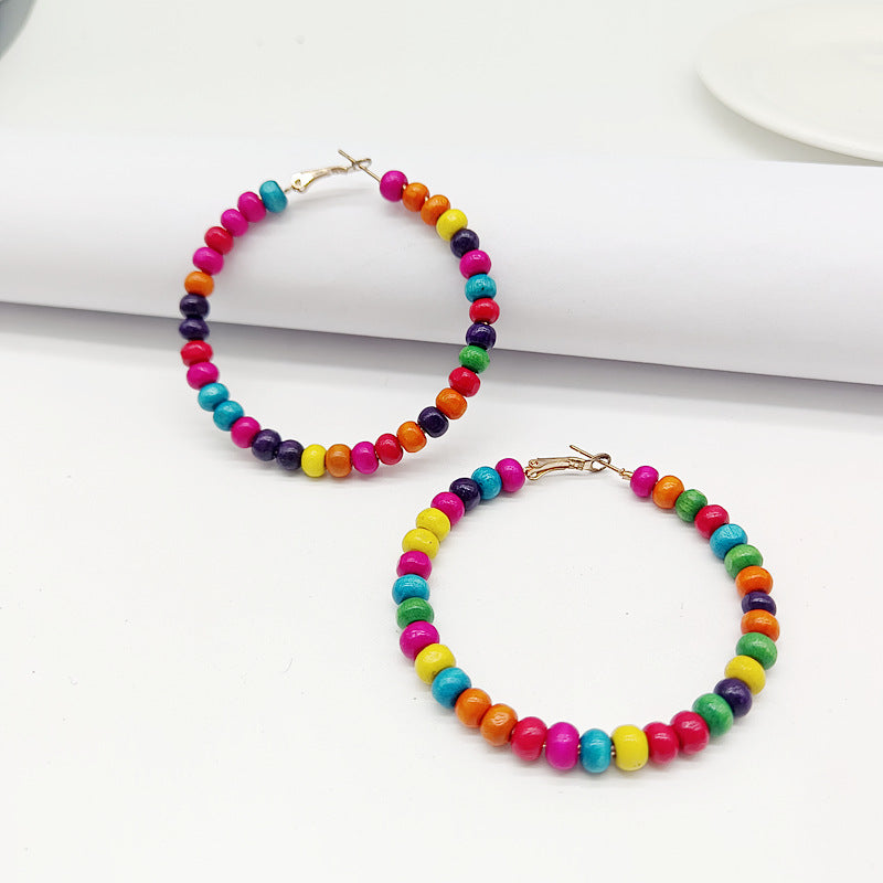 Ethnic Bohemian Hoop Earrings With Wooden Beads Featuring Beading Craft In Colour, Unisex Design