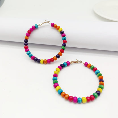 Ethnic Bohemian Hoop Earrings With Wooden Beads Featuring Beading Craft In Colour, Unisex Design