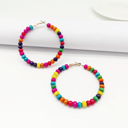 Ethnic Bohemian Hoop Earrings With Wooden Beads Featuring Beading Craft In Colour, Unisex Design