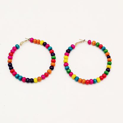 Ethnic Bohemian Hoop Earrings With Wooden Beads Featuring Beading Craft In Colour, Unisex Design