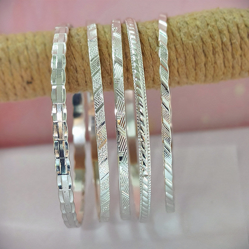 Retro Geometric Silver Plated Iron Bangle In Silver Featuring Unique Design
