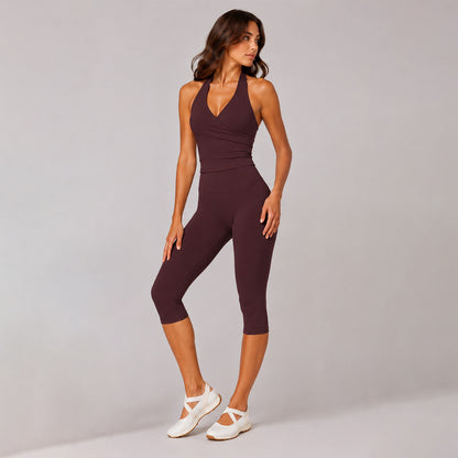 Solid Color Sport Yoga Calf-Length Pants In Nylon Fabric Featuring A Backless Design, Sleeveless For Women