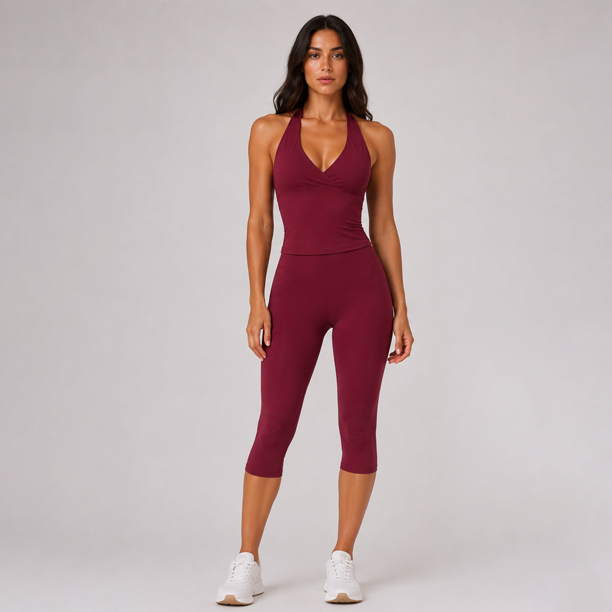 Solid Color Sport Yoga Calf-Length Pants In Nylon Fabric Featuring A Backless Design, Sleeveless For Women