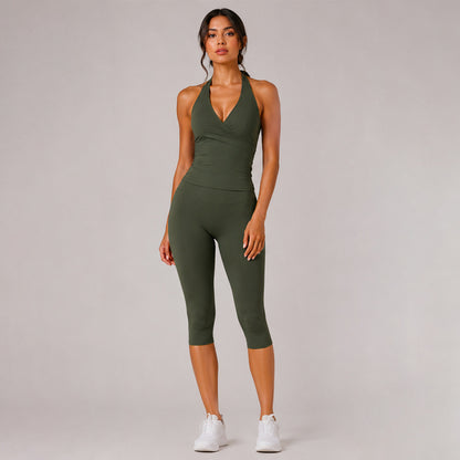 Solid Color Sport Yoga Calf-Length Pants In Nylon Fabric Featuring A Backless Design, Sleeveless For Women