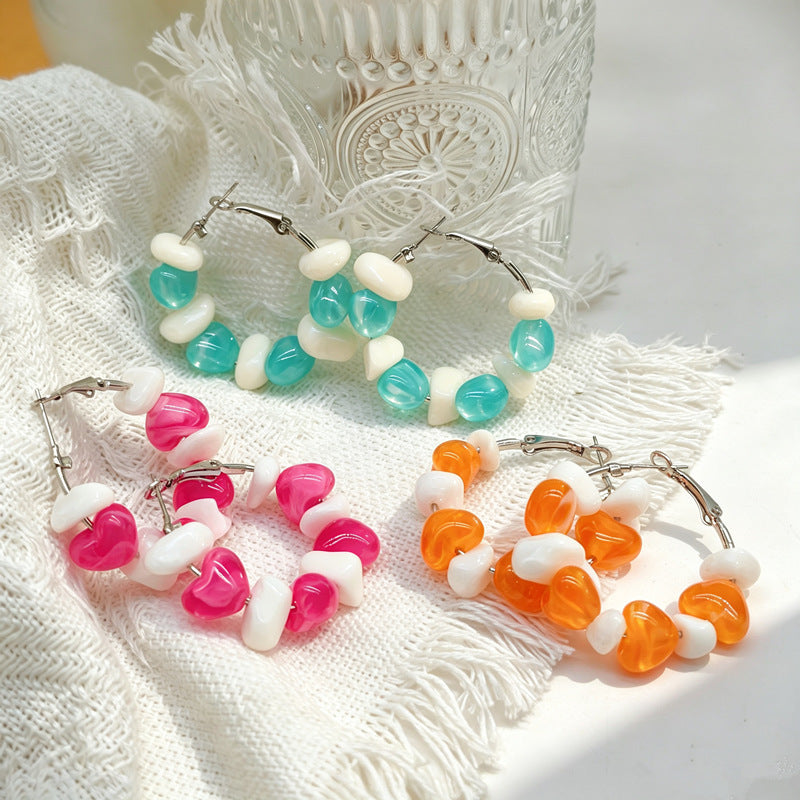Heart Shape Beaded Acrylic Earrings In Blue With 304 Stainless Steel Ear Pins For Women, Simple Style