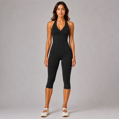 Solid Color Sport Yoga Calf-Length Pants In Nylon Fabric Featuring A Backless Design, Sleeveless For Women