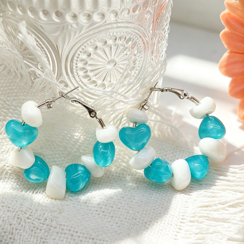 Heart Shape Beaded Acrylic Earrings In Blue With 304 Stainless Steel Ear Pins For Women, Simple Style