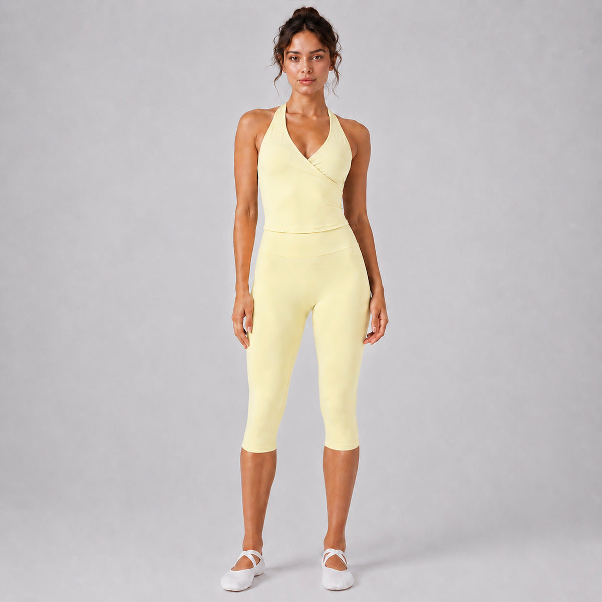 Solid Color Sport Yoga Calf-Length Pants In Nylon Fabric Featuring A Backless Design, Sleeveless For Women