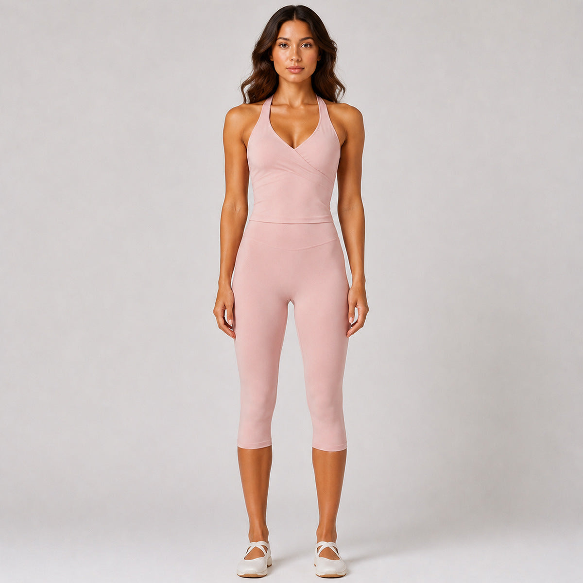 Solid Color Sport Yoga Calf-Length Pants In Nylon Fabric Featuring A Backless Design, Sleeveless For Women