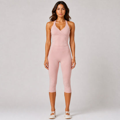 Solid Color Sport Yoga Calf-Length Pants In Nylon Fabric Featuring A Backless Design, Sleeveless For Women
