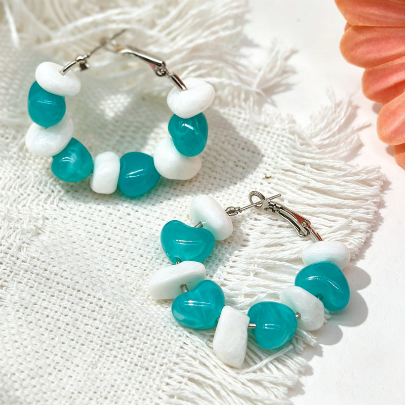 Heart Shape Beaded Acrylic Earrings In Blue With 304 Stainless Steel Ear Pins For Women, Simple Style