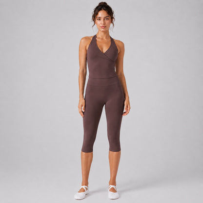 Solid Color Sport Yoga Calf-Length Pants In Nylon Fabric Featuring A Backless Design, Sleeveless For Women