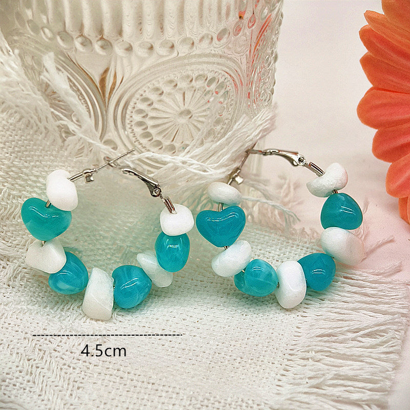 Heart Shape Beaded Acrylic Earrings In Blue With 304 Stainless Steel Ear Pins For Women, Simple Style