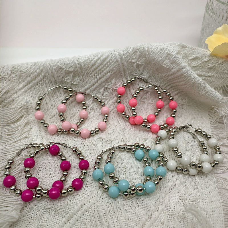 Exaggerated Natural Pink Hoop Earrings With Beading Craft In Plastic Material