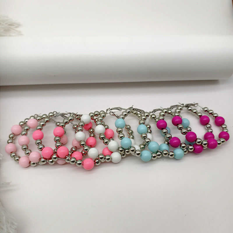 Exaggerated Natural Pink Hoop Earrings With Beading Craft In Plastic Material