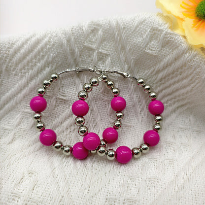 Exaggerated Natural Pink Hoop Earrings With Beading Craft In Plastic Material