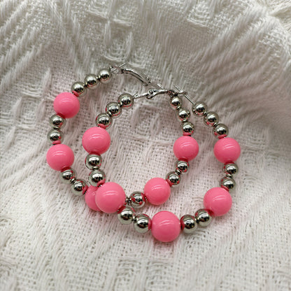 Exaggerated Natural Pink Hoop Earrings With Beading Craft In Plastic Material