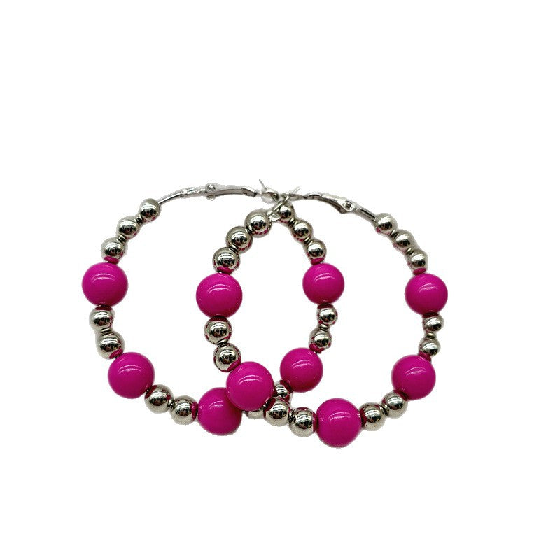 Exaggerated Natural Pink Hoop Earrings With Beading Craft In Plastic Material