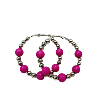 Exaggerated Natural Pink Hoop Earrings With Beading Craft In Plastic Material