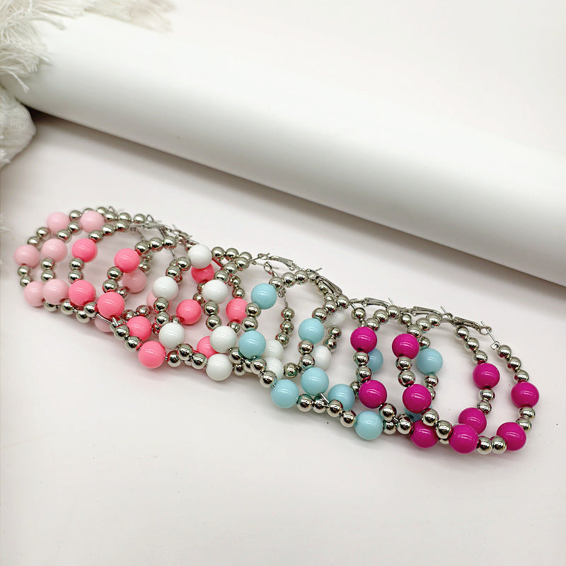 Exaggerated Natural Pink Hoop Earrings With Beading Craft In Plastic Material