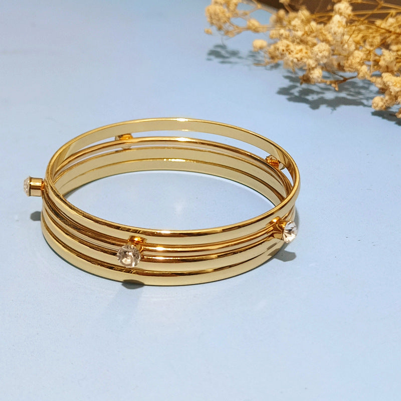 Simple Style Gold Iron Wristband With Rhinestone Inlay, 4 Pieces Set Bangle