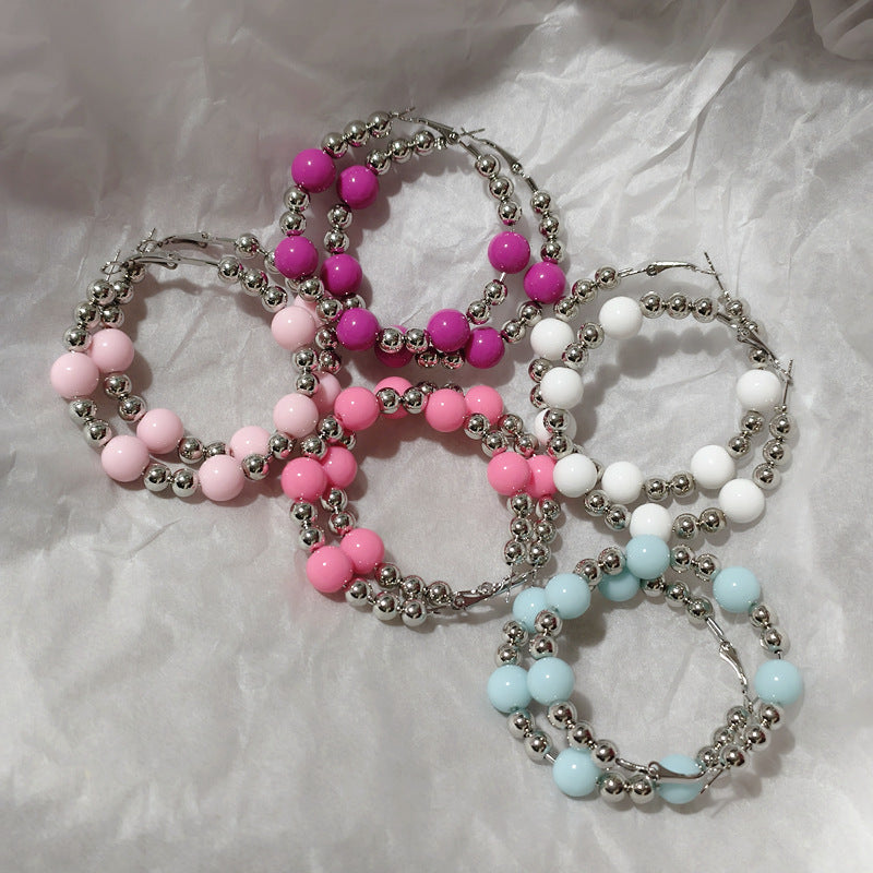 Exaggerated Natural Pink Hoop Earrings With Beading Craft In Plastic Material