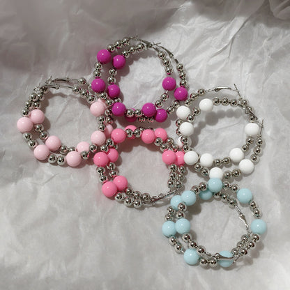 Exaggerated Natural Pink Hoop Earrings With Beading Craft In Plastic Material