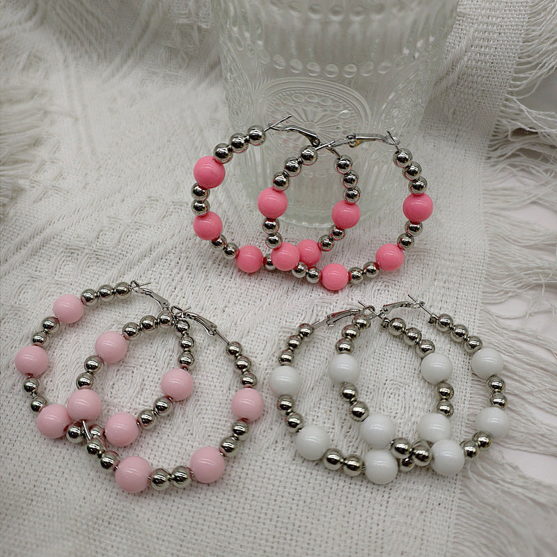 Exaggerated Natural Pink Hoop Earrings With Beading Craft In Plastic Material