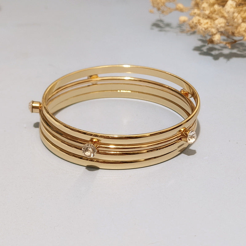 Simple Style Gold Iron Wristband With Rhinestone Inlay, 4 Pieces Set Bangle