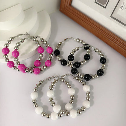 Exaggerated Natural Pink Hoop Earrings With Beading Craft In Plastic Material