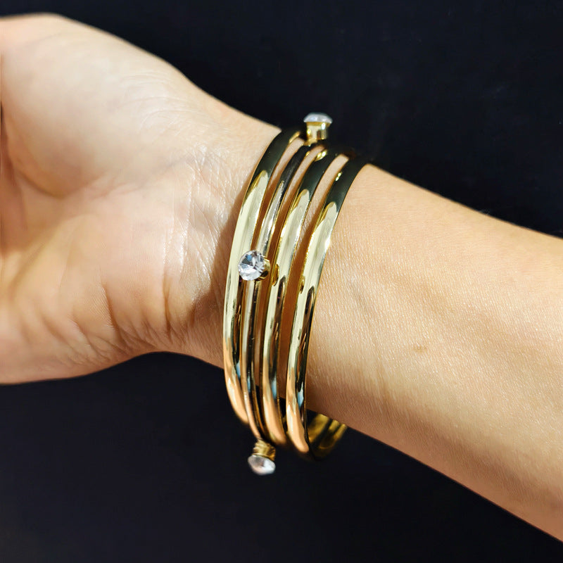 Simple Style Gold Iron Wristband With Rhinestone Inlay, 4 Pieces Set Bangle