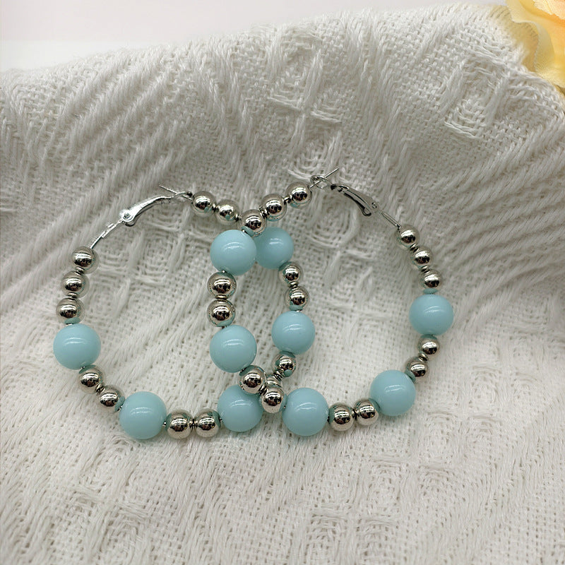 Exaggerated Natural Pink Hoop Earrings With Beading Craft In Plastic Material