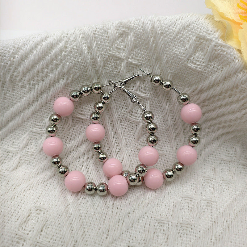 Exaggerated Natural Pink Hoop Earrings With Beading Craft In Plastic Material