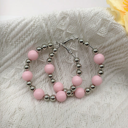 Exaggerated Natural Pink Hoop Earrings With Beading Craft In Plastic Material