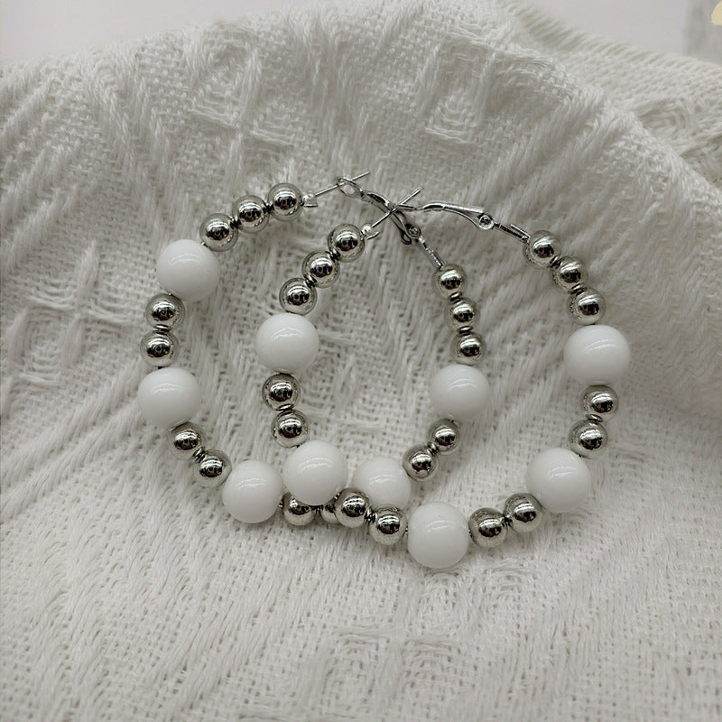 Exaggerated Natural Pink Hoop Earrings With Beading Craft In Plastic Material