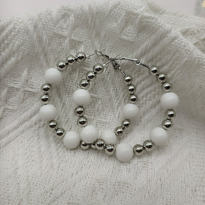 Exaggerated Natural Pink Hoop Earrings With Beading Craft In Plastic Material