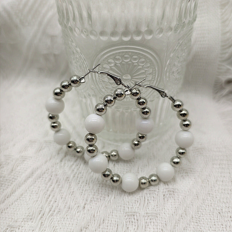 Exaggerated Natural Pink Hoop Earrings With Beading Craft In Plastic Material